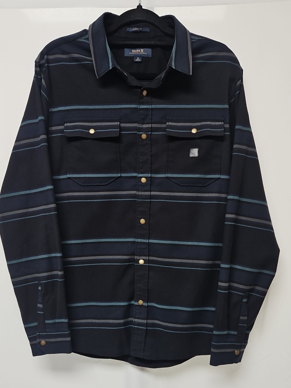 Roark Artifacts of Adventure Mens M Navy Striped Snap Button Shirt Long Sleeve